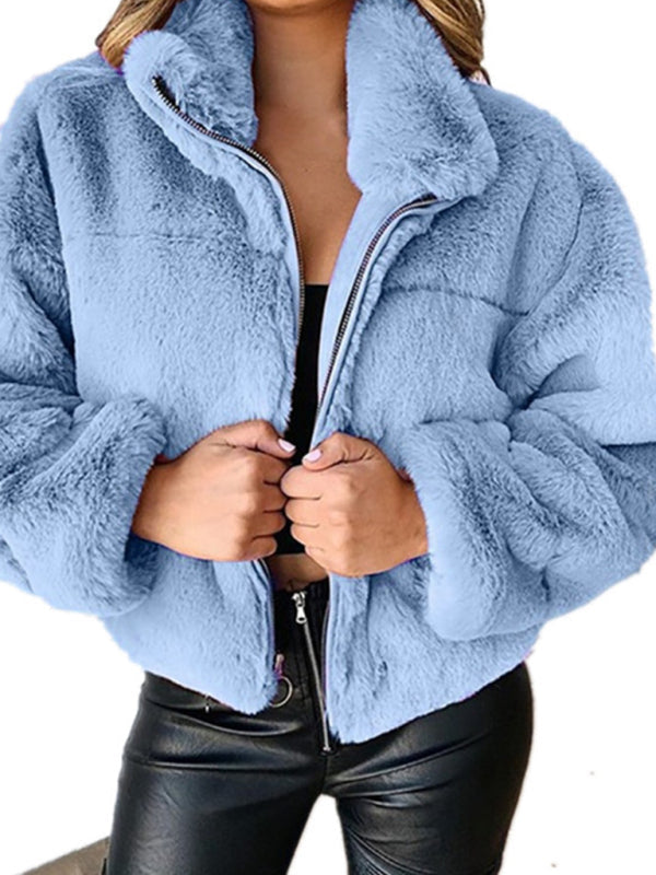 Women's new casual zipper cardigan plush warm jacket Blue