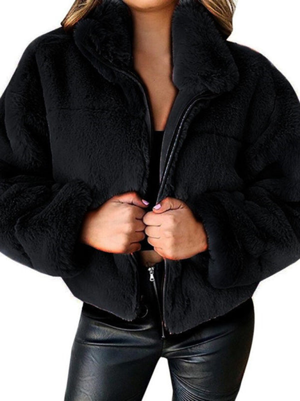Women's new casual zipper cardigan plush warm jacket Black