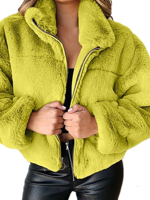 Women's new casual zipper cardigan plush warm jacket Yellow