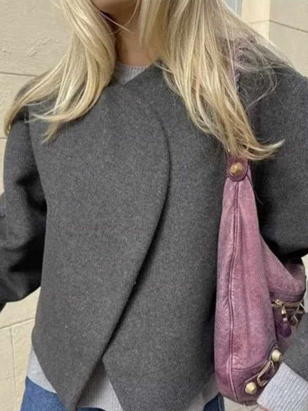 Women's new fashion solid color short cardigan woolen jacket Grey