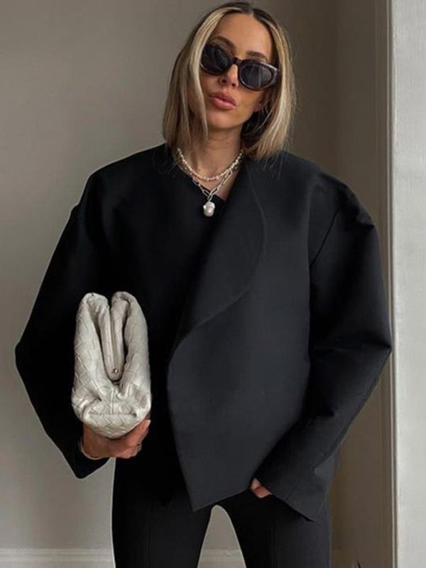 Women's new fashion solid color short cardigan woolen jacket Black