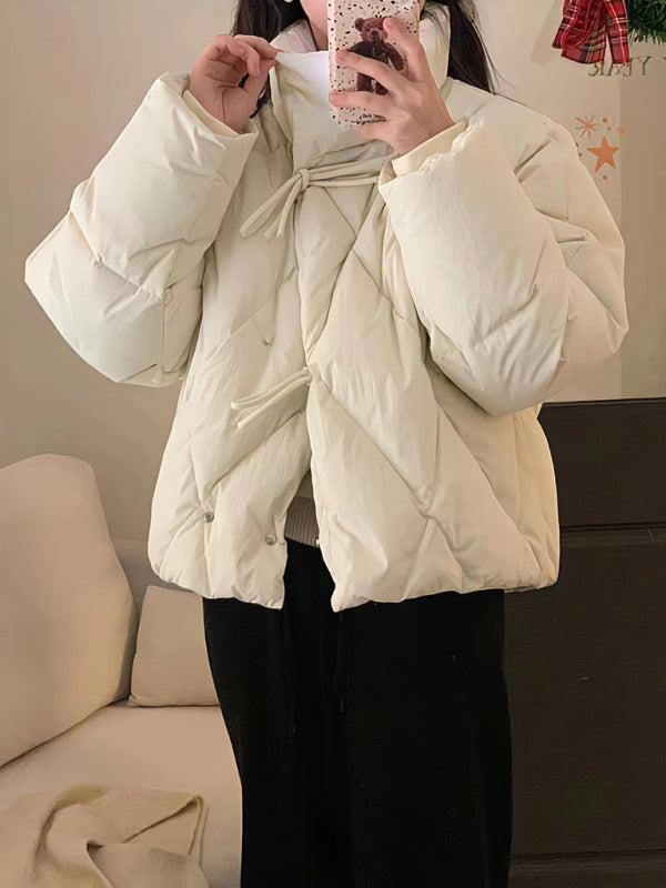 Women's new temperament Chinese knot warm bread coat short down jacket White