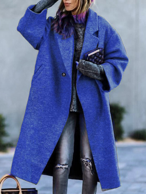 Women's new temperament commuting beltless lapel loose woolen jacket Blue