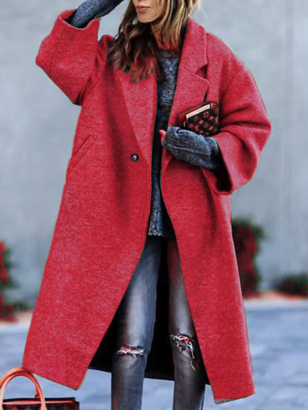 Women's new temperament commuting beltless lapel loose woolen jacket Red