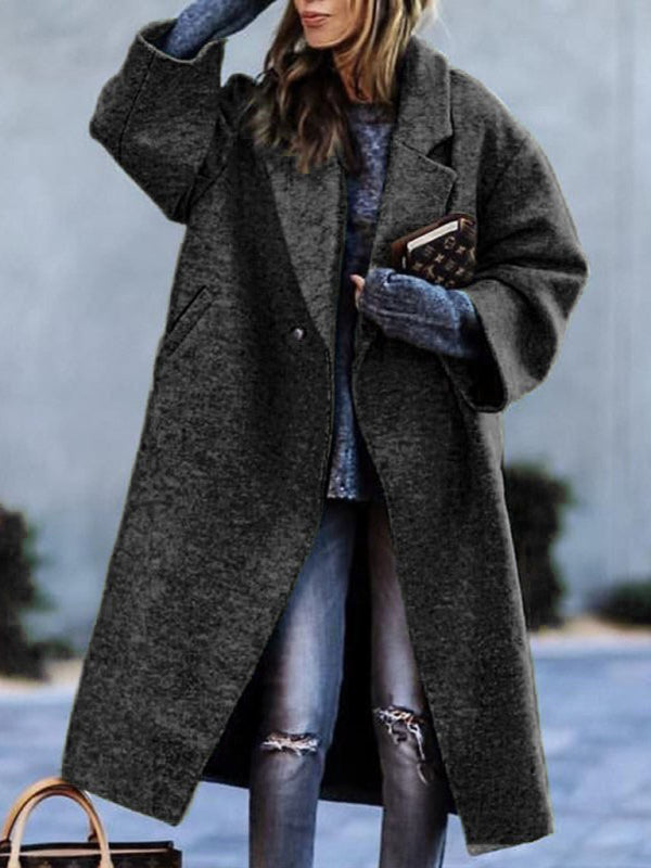 Women's new temperament commuting beltless lapel loose woolen jacket Black