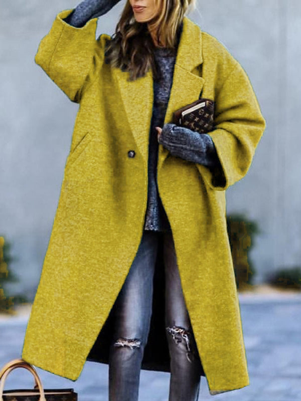 Women's new temperament commuting beltless lapel loose woolen jacket Yellow