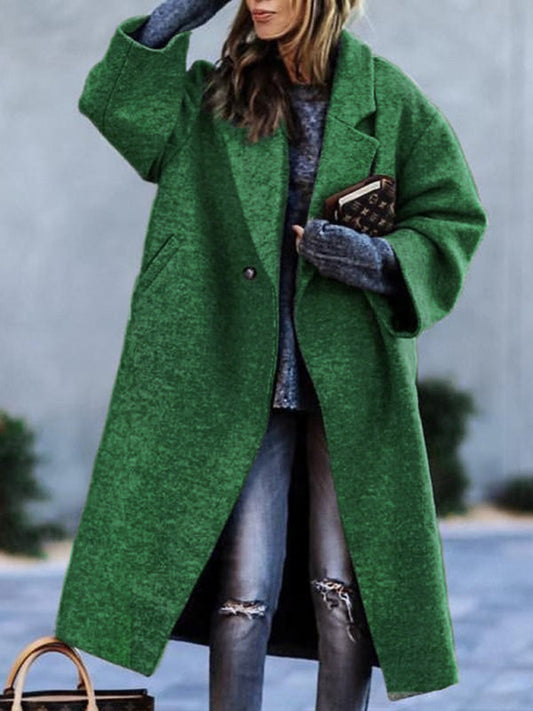 Women's new temperament commuting beltless lapel loose woolen jacket Green black jasper