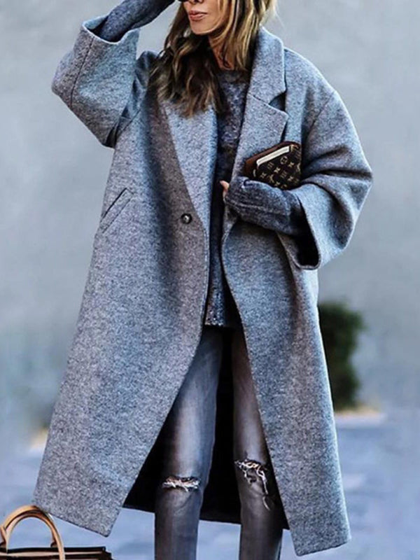 Women's new temperament commuting beltless lapel loose woolen jacket Grey