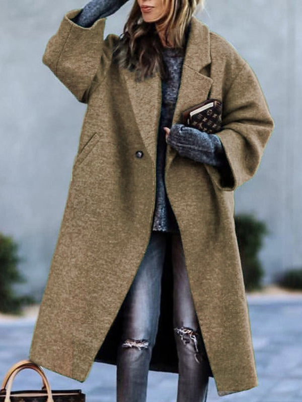 Women's new temperament commuting beltless lapel loose woolen jacket Khaki