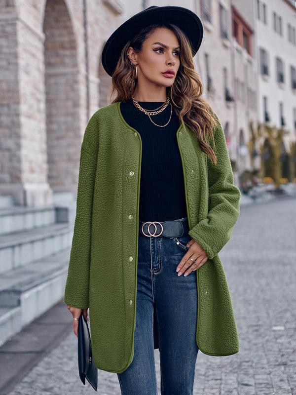 Women's round neck single breasted long sleeve coat Green