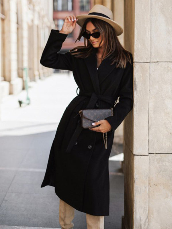 Women's simple long-sleeved solid color suit collar tie-up woolen jacket Black