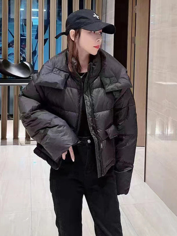 Women's stand collar short bread down jacket Black FREESIZE