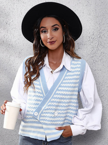 Women's stripe knitted Cardigan Sweater Vest