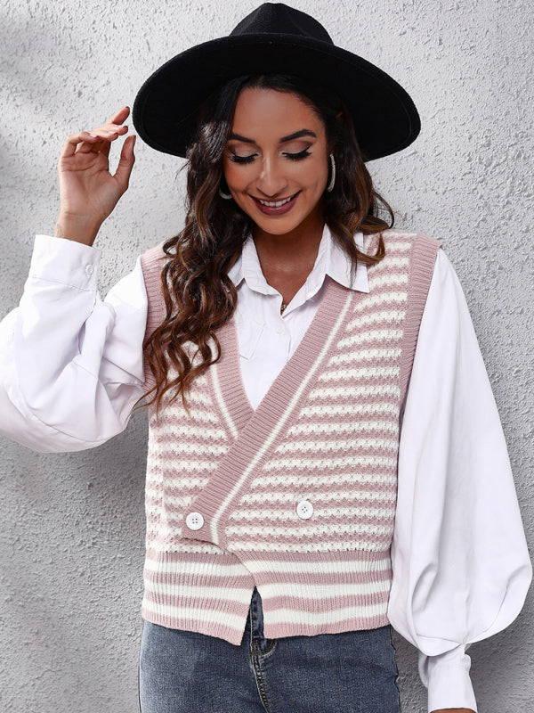 Women's stripe knitted Cardigan Sweater Vest Pink
