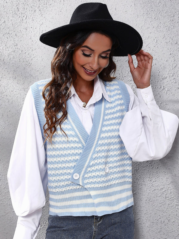 Women's stripe knitted Cardigan Sweater Vest Clear blue