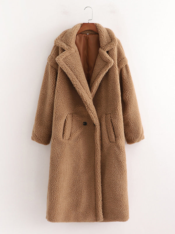 Women's warm loose lambswool coat teddy fur lapel long woolen coat Camel
