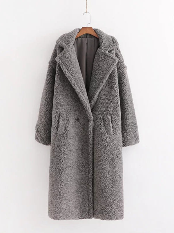 Women's warm loose lambswool coat teddy fur lapel long woolen coat Grey