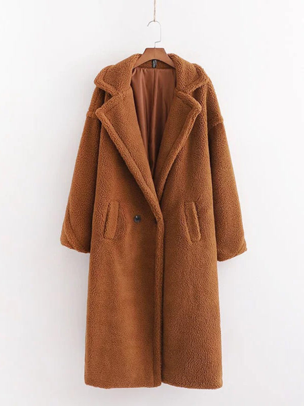 Women's warm loose lambswool coat teddy fur lapel long woolen coat caramel