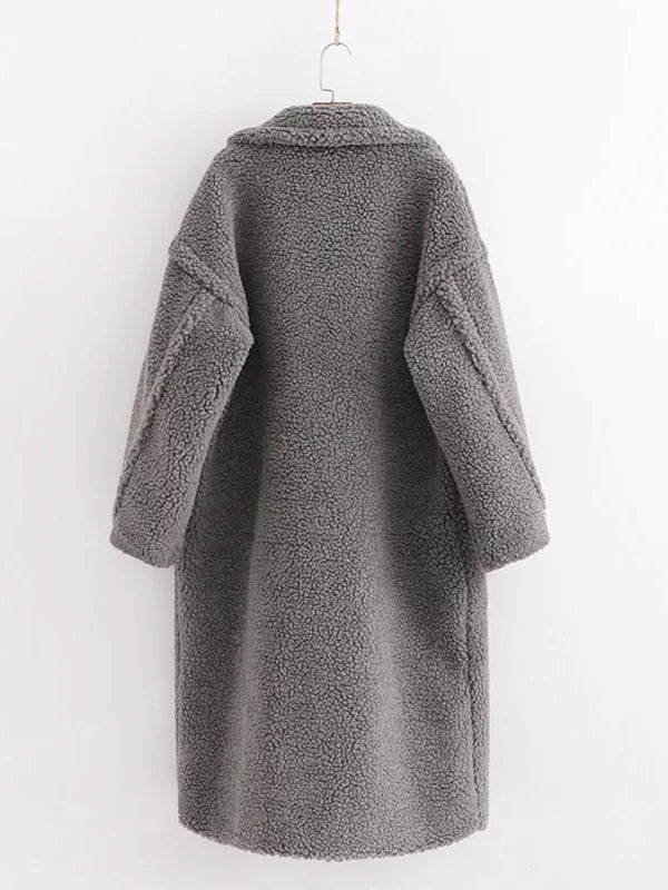 Women's warm loose lambswool coat teddy fur lapel long woolen coat