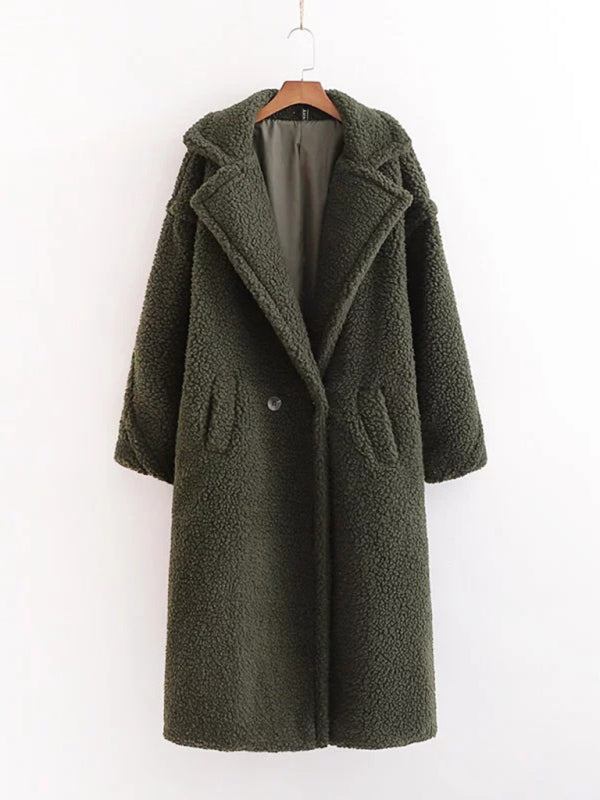 Women's warm loose lambswool coat teddy fur lapel long woolen coat Olive green