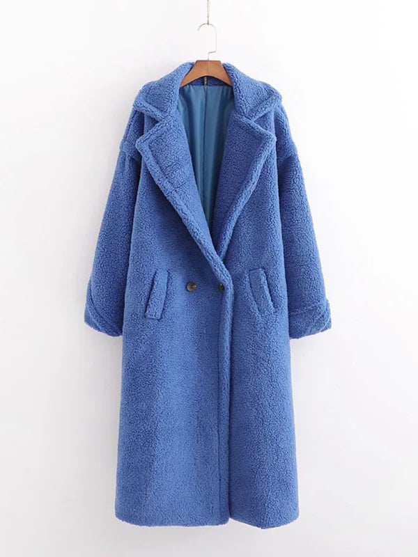 Women's warm loose lambswool coat teddy fur lapel long woolen coat Blue
