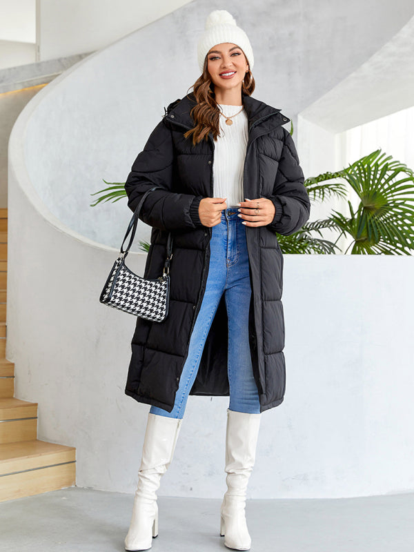 Women's warm windproof zipper thickened long coat Black