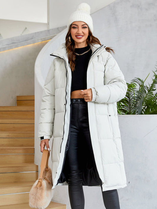 Women's warm windproof zipper thickened long coat White