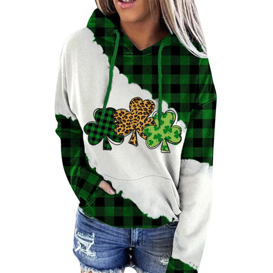 Women's St. Patrick's Irish Day Hooded Color Block Long Sleeve Sweatshirt Green