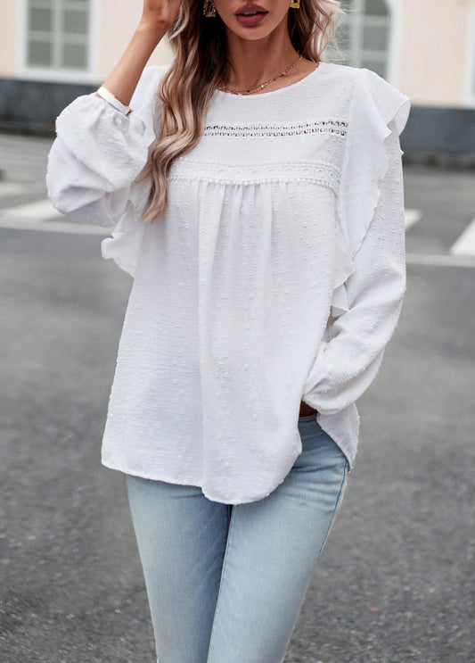 Elegant casual lace patchwork long-sleeved top blouse White