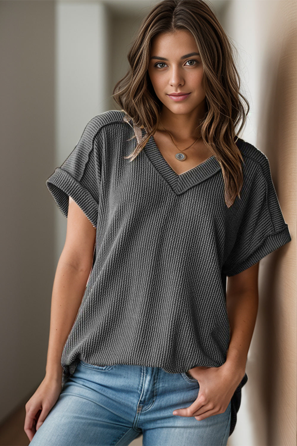 Textured V-Neck Short Sleeve Top Dark Gray