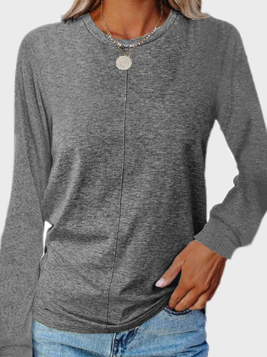 Full Size Round Neck Long Sleeve T-Shirt Dark Gray