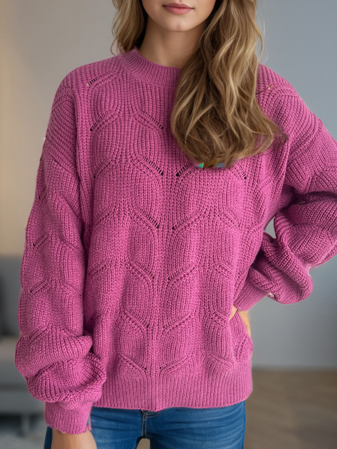 Openwork Round Neck Dropped Shoulder Sweater Cerise One Size