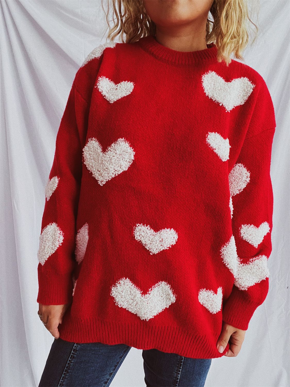 Heart Round Neck Dropped Shoulder Sweater