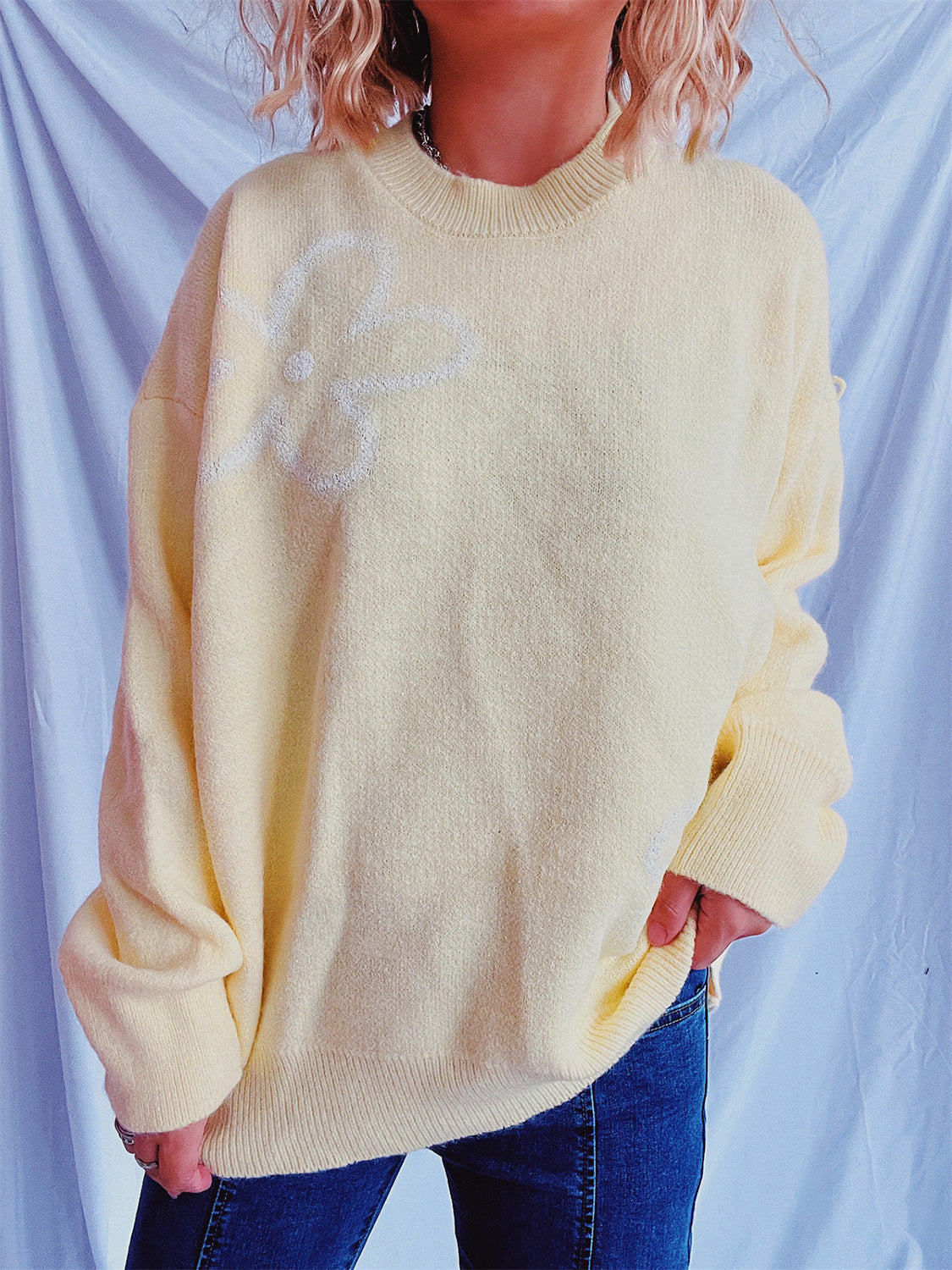 Flower Round Neck Long Sleeve Sweater Pastel Yellow One Size