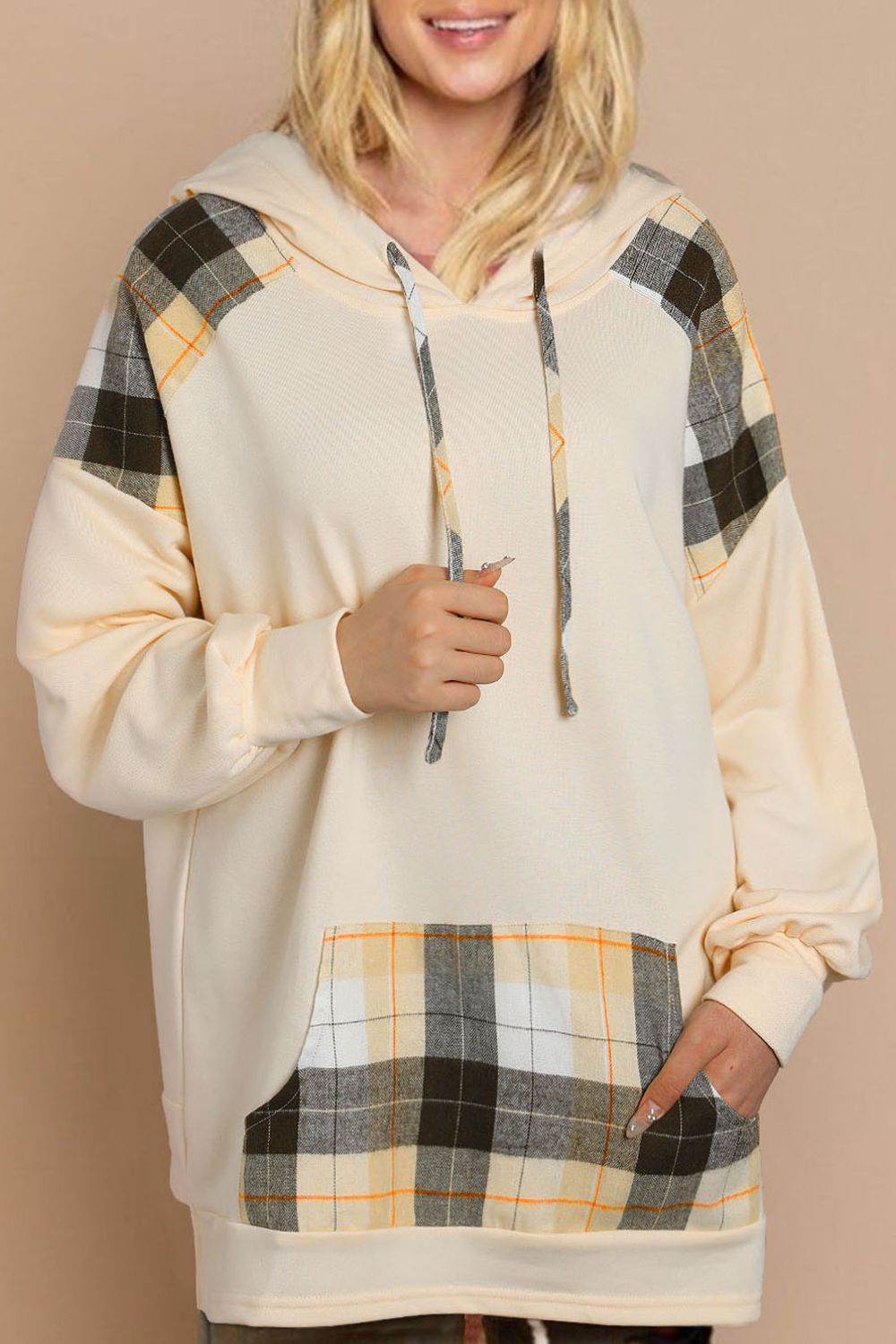 Drawstring Plaid Long Sleeve Hoodie Cream