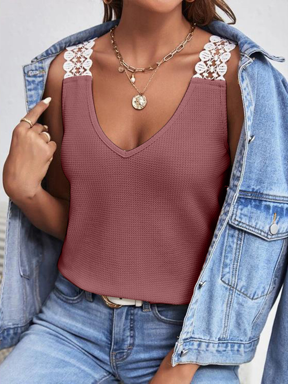 Full Size Lace Detail V-Neck Tank Dusty Pink