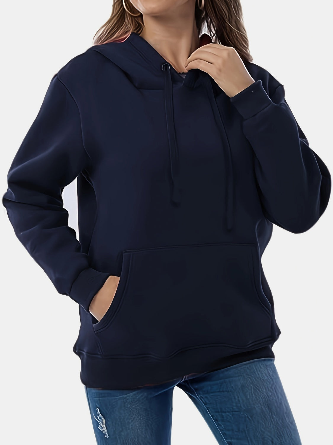 Drawstring Long Sleeve Hoodie with Kangaroo Pocket Dark Blue