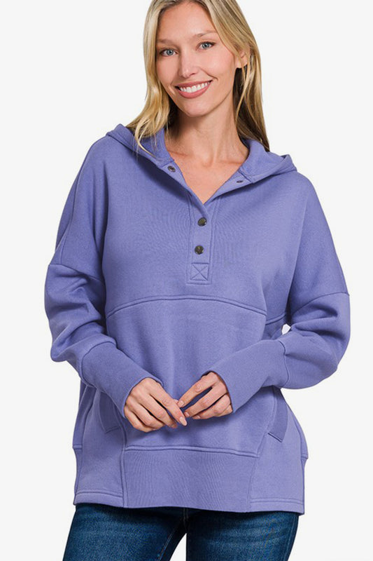 Zenana Half Snap Long Sleeve Hoodie with Kangaroo Pocket Blue Purple