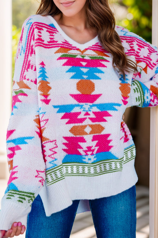 Geometric V-Neck Long Sleeve Sweater White