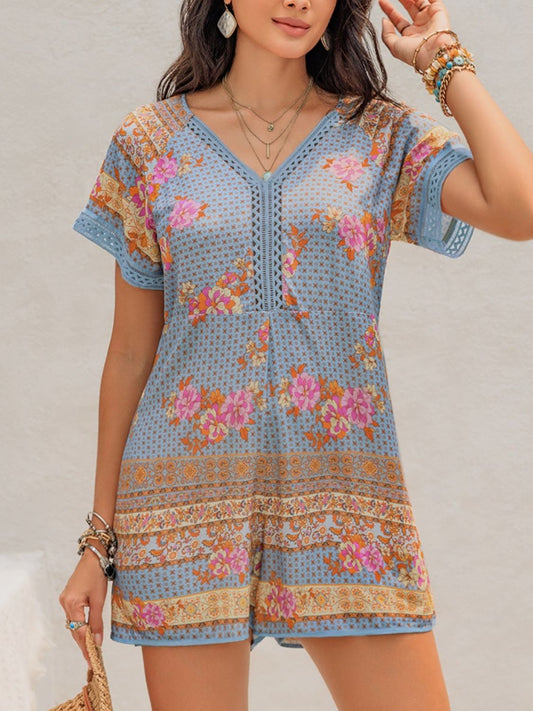 Printed V-Neck Short Sleeve Romper Light Blue