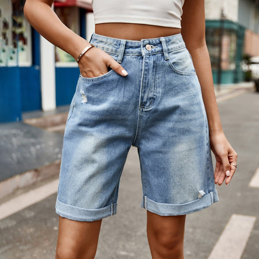 Distressed Buttoned Denim Shorts with Pockets Medium