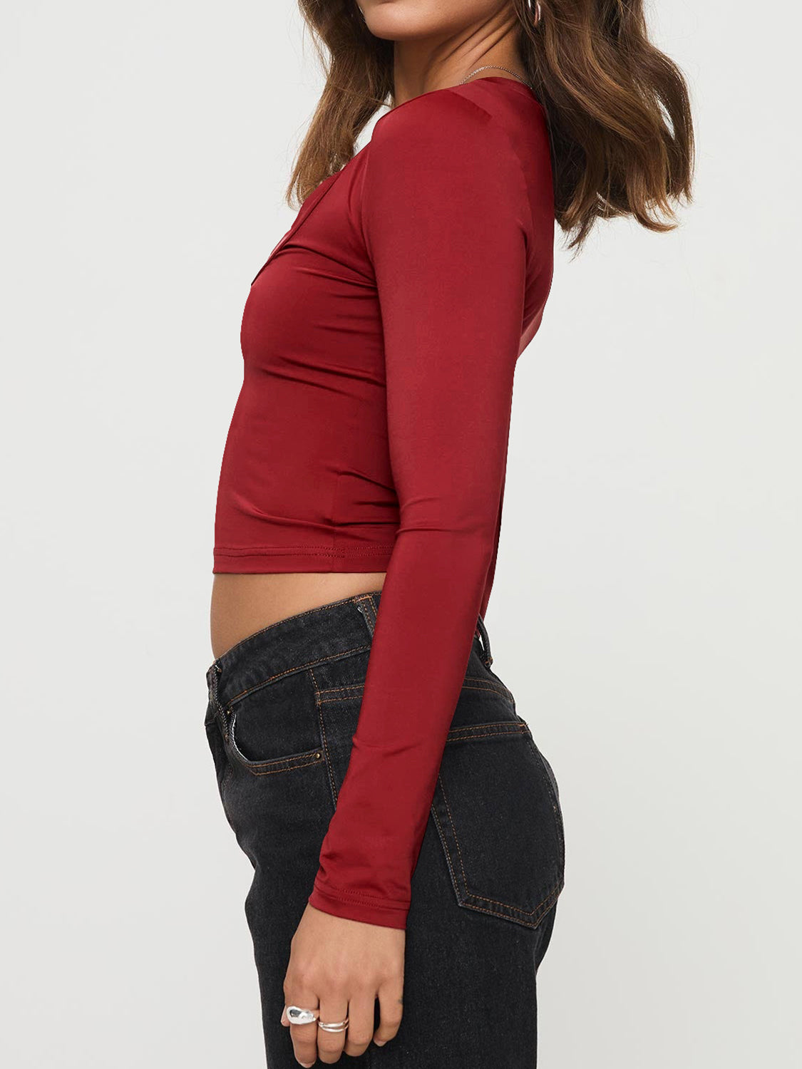 Scoop Neck Long Sleeve Cropped T-Shirt Burgundy