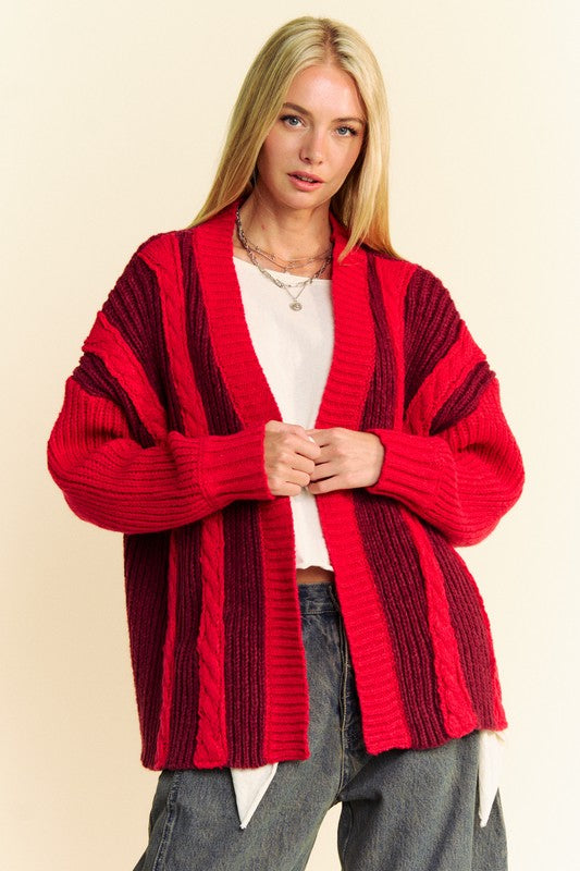 Davi & Dani Cable-Knit Color Block Open Front Cardigan Burgundy