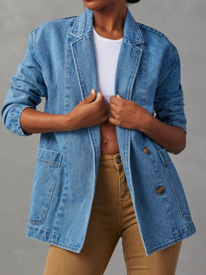 Classic Denim Jacket with Lapel Collar Dusty Blue