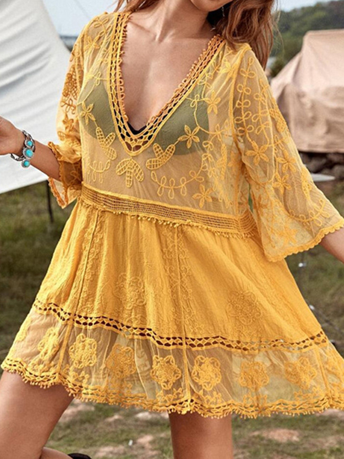 Semi-Sheer Lace Detail Beach Cover-Up Dress
