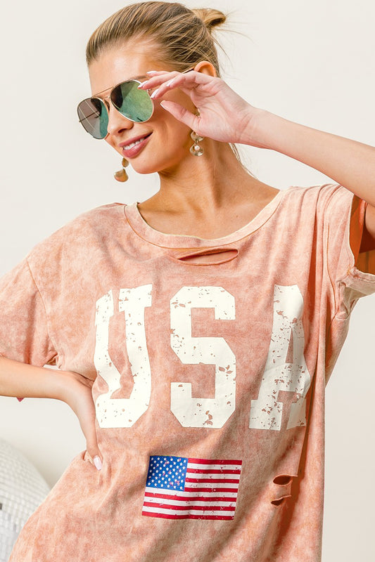 Boho Vintage Wash USA Flag Distressed Tee