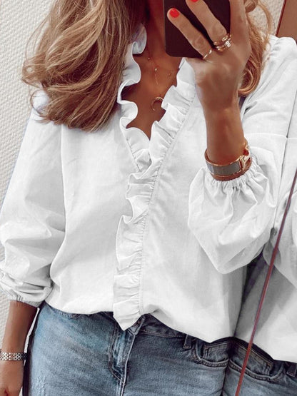 Full Size Ruffled V-Neck Long Sleeve Blouse White