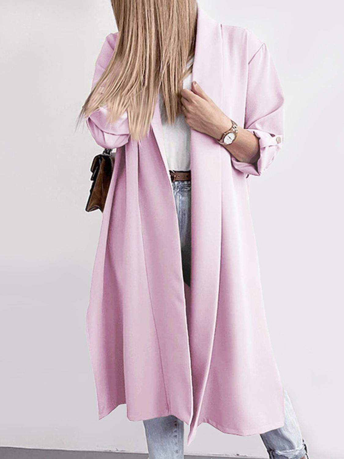 Slit Open Front Roll-Tab Sleeve Trench Coat Pink Purple