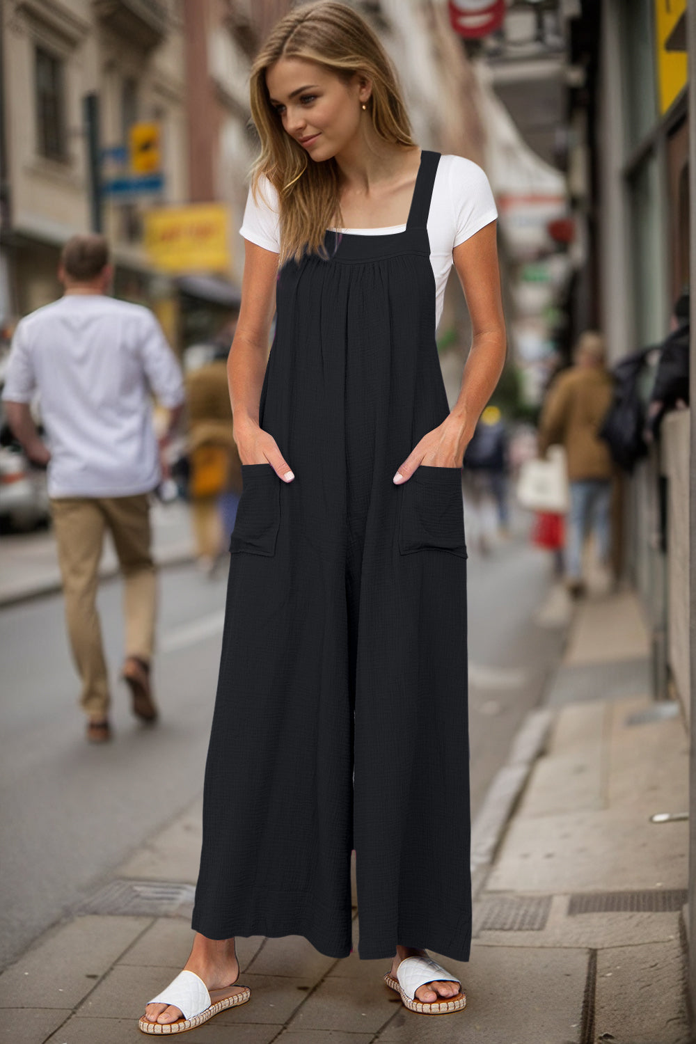 Double Take Full Size Wide Leg Overalls with Pockets Black