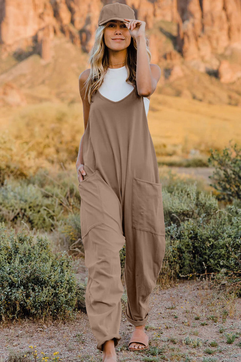 Sleeveless V-Neck Jumpsuit with Pockets Tan